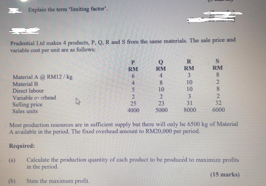 Prudential Ltd makes 4 products, P, Q, R and S from the same materials. The sale price and variable cost per