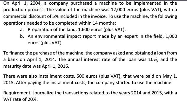 On April 1, 2004, a company purchased a machine to be implemented in the production process. The value of the