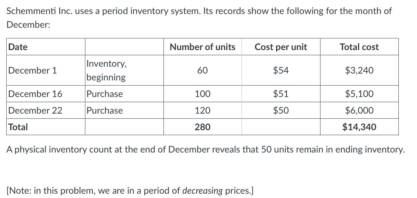 Schemmenti Inc. uses a period inventory system. Its records show the following for the month of December: A physical invento