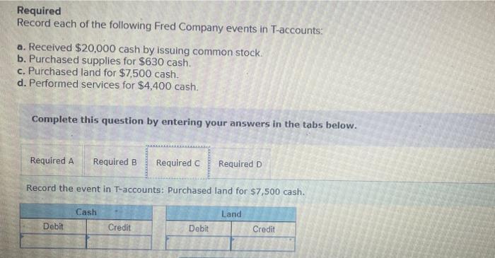 Required Record each of the following Fred Company events in T-accounts: a. Received ( $ 20,000 ) cash by issuing common s