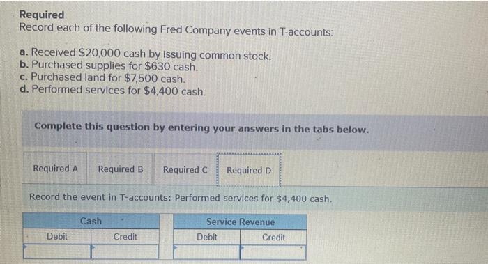 Required Record each of the following Fred Company events in T-accounts: a. Received ( $ 20,000 ) cash by issuing common s