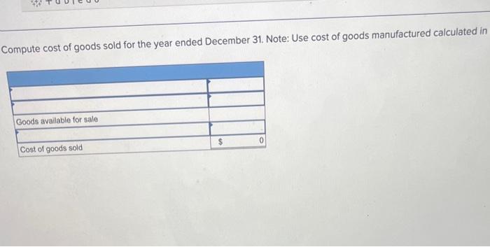 Compute cost of goods sold for the year ended December 31. Note: Use cost of goods manufactured calculated in