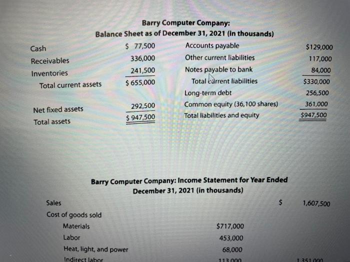 Barry Computer Company:Balance Sheet as of December 31, 2021 (in thousands)Barry Computer Company: Income Statement for Yea
