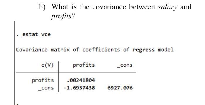 b) What is the covariance between salary and profits? . estat vce Covariance matrix of coefficients of