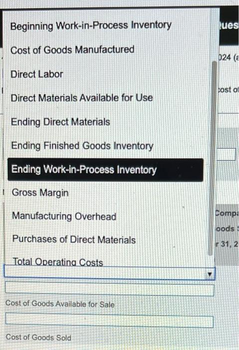 Beginning Work-in-Process Inventory Cost of Goods Manufactured Direct Labor Direct Materials Available for Use Ending Direct