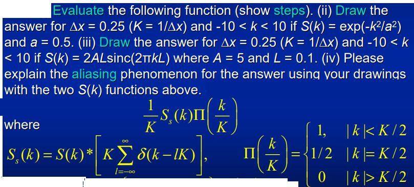 Evaluate the following function (show steps). (ii) Draw the answer for Ax = 0.25 (K = 1/Ax) and -10 < k < 10