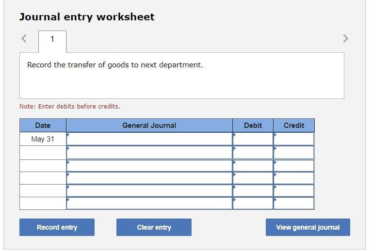 Journal entry worksheetRecord the transfer of goods to next department.Note: Enter debits before credits.