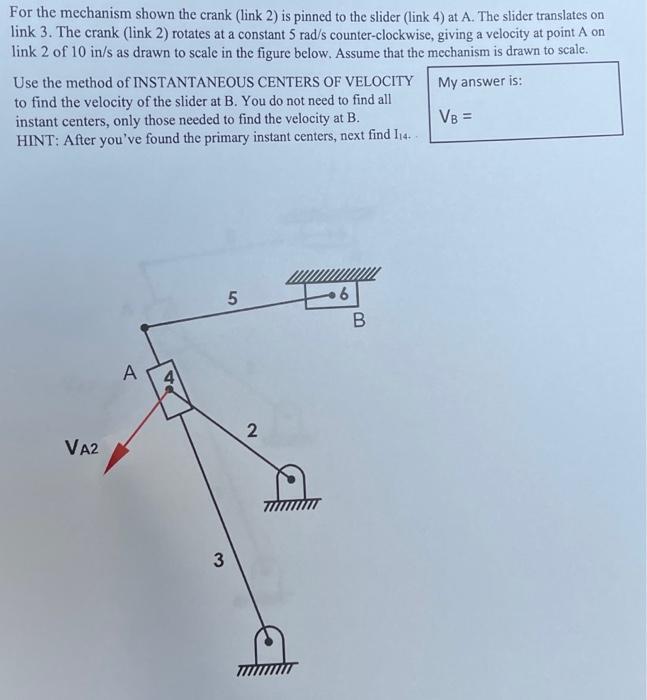 For the mechanism shown the crank (link 2) is pinned to the slider (link 4) at A. The slider translates on