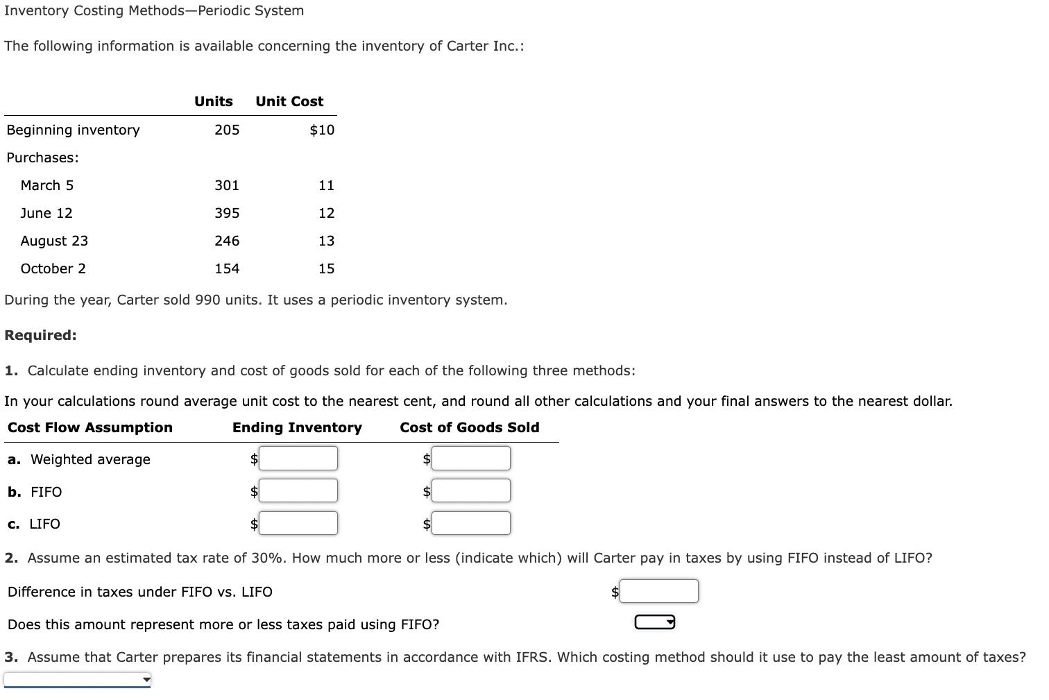 Inventory Costing Methods-Periodic System The following information is available concerning the inventory of Carter Inc.: Dur