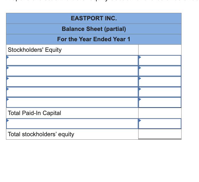 EASTPORT INC. Balance Sheet (partial) For the Year Ended Year 1 Stockholders Equity \begin{tabular}{|l|l|} \hline & \\ \hlin