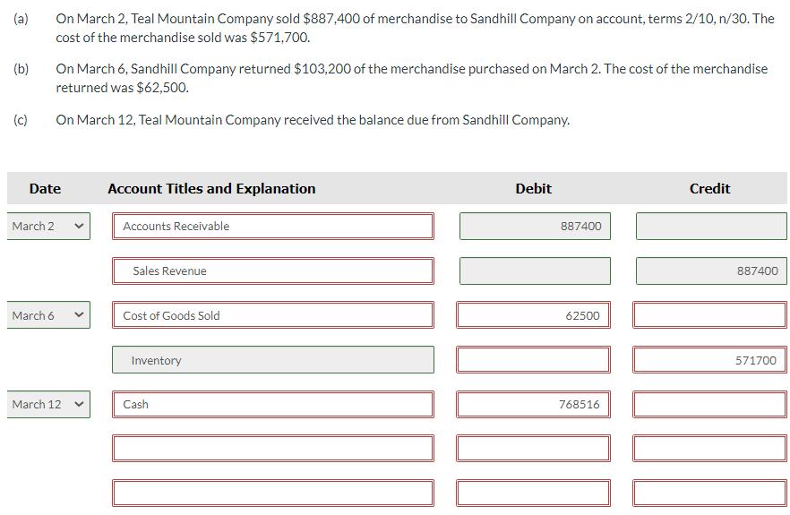 (a) On March 2, Teal Mountain Company sold ( $ 887,400 ) of merchandise to Sandhill Company on account, terms ( 2 / 10, n