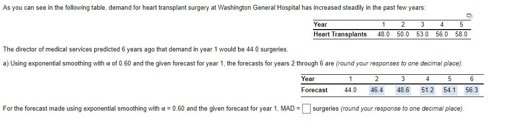 The director of medical services predicted 6 years ago that demand in year 1 would be ( 44.0 ) surgeries. a) Using exponent