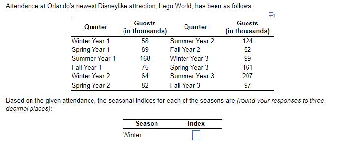 Attendance at Orlandos newest Disneylike attraction, Lego World, has been as follows: Based on the given attendance, the sea