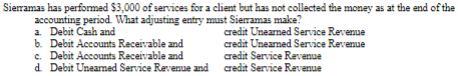 Sierramas has performed $3,000 of services for a client but has not collected the money as at the end of the