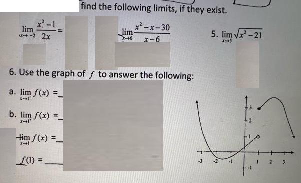 lim x-1 -2 2x b. lim f(x) =_ I-I' find the following limits, if they exist. x-x-30 6. Use the graph off to