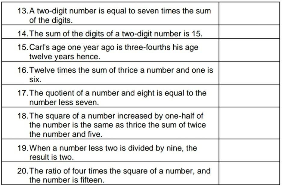 13. A two-digit number is equal to seven times the sum of the digits. 14. The sum of the digits of a two-digit number is 15.