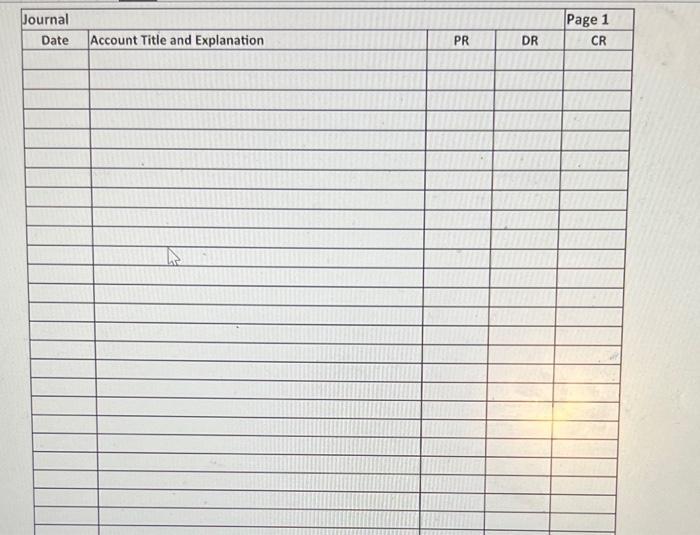 begin{tabular}{|c|l|c|c|c|} hline Journal & Daccount Titie and Explanation & PR & PR & Page 1  hline & & & &  hline &