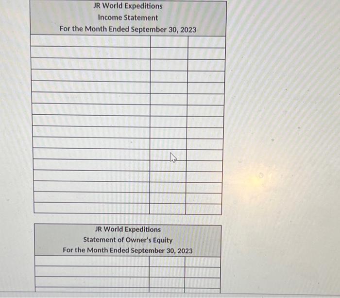 JR World Expeditions Income Statement For the Month Ended September 30, 2023 begin{tabular}{|l|l|l|} hline multicolumn{3}{