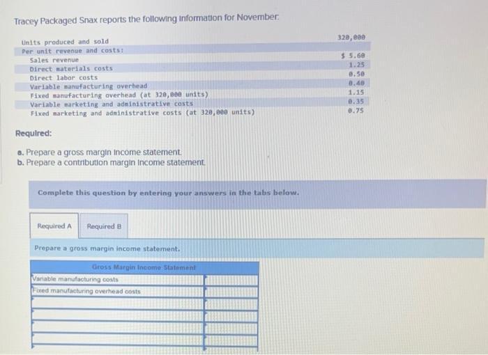 Tracey Packaged Snax reports the following information for November: Required: a. Prepare a gross margin income statement. b.