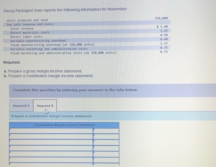 Tracey Packaged Snax reports the following information for November. Required: a. Prepare a gross margin income statement. b.