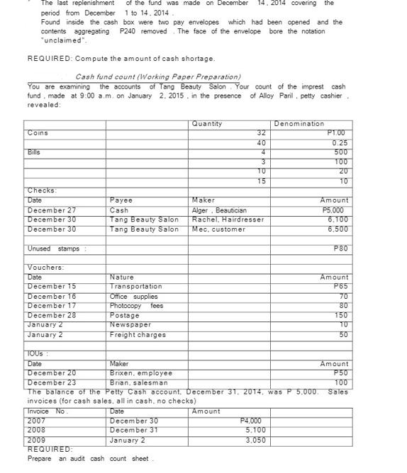 The last replenishment period from December of the fund was made on December 14, 2014 covering the 1 to 14.