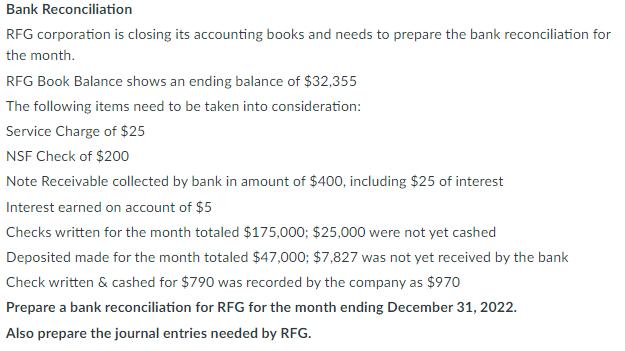 Bank Reconciliation RFG corporation is closing its accounting books and needs to prepare the bank reconciliation for the mont