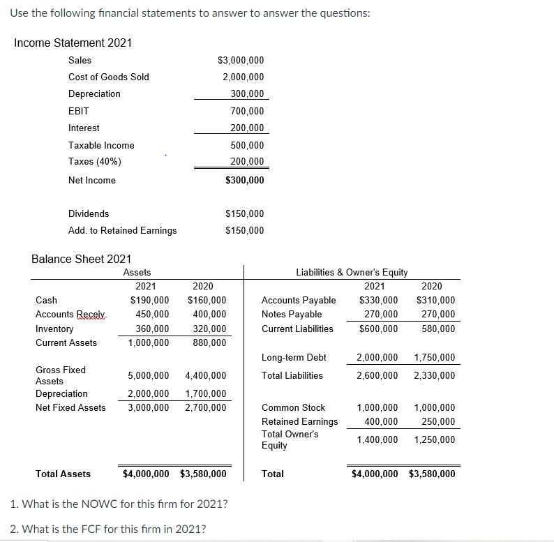 Use the following financial statements to answer to answer the questions: Income Statement 2021 Sales Cost of