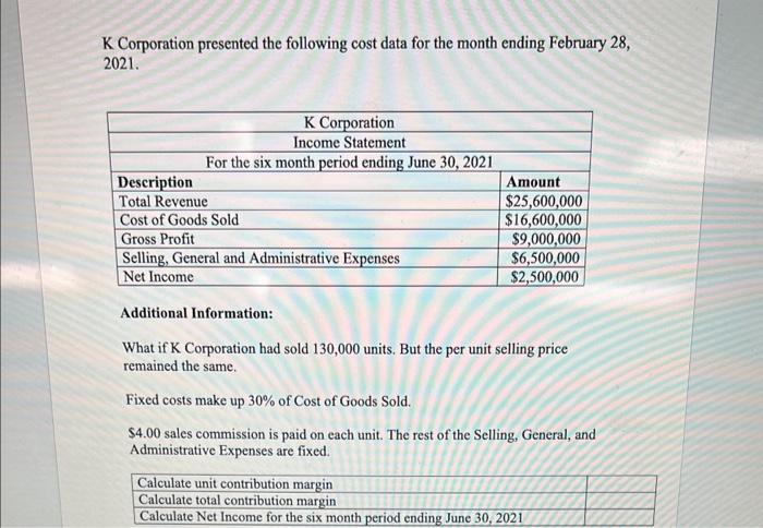 K Corporation presented the following cost data for the month ending February 28 , 2021. Additional Information: What if K Co