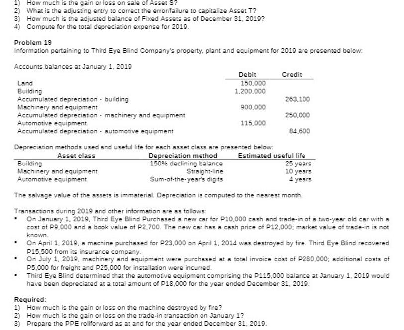 1) How much is the gain or loss on sale of Asset S? 2) What is the adjusting entry to correct the