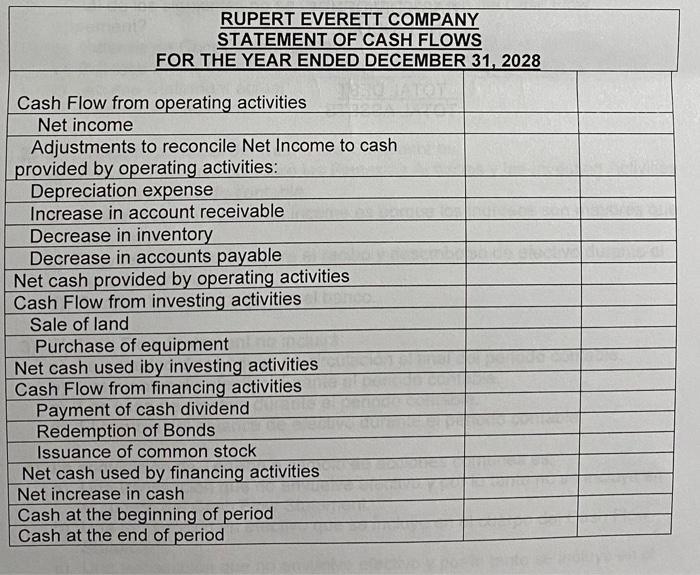 RUPERT EVERETT COMPANY STATEMENT OF CASH FLOWS FOR THE YEAR ENDED DECEMBER 31, 2028 Cash Flow from operating activities
