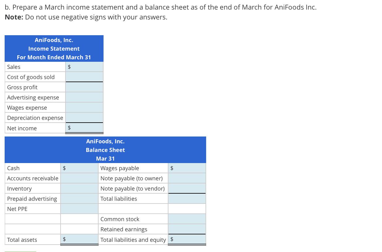b. Prepare a March income statement and a balance sheet as of the end of March for AniFoods Inc. Note: Do not use negative si
