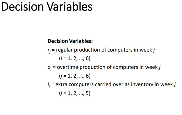 Decision Variables Decision Variables: r = regular production of computers in week j (j=1, 2, ..., 6) 0 =