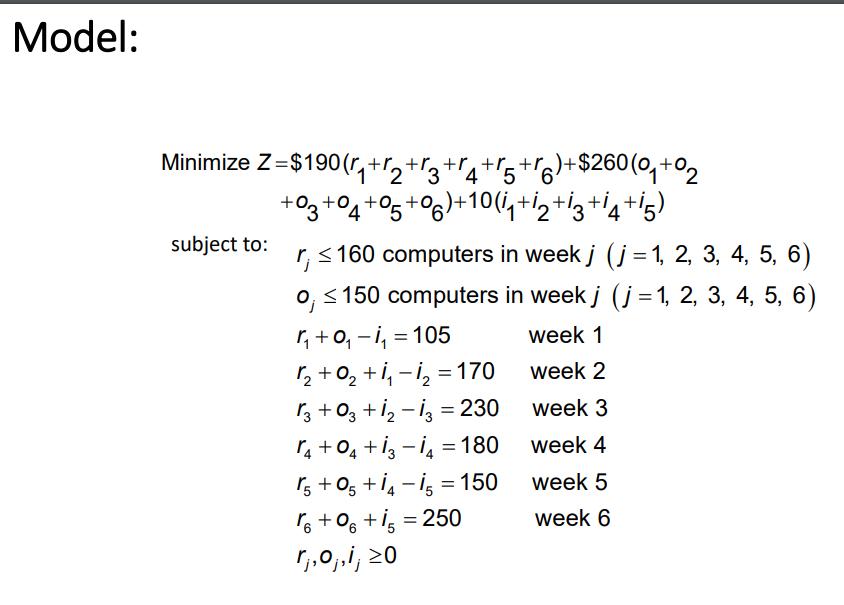 Model: Minimize Z=$190(++3+4+5 + ++ +5+6)+$260 (0+02 2 subject to: +03+04+05+06)+10(+2+13+14+15) r 160
