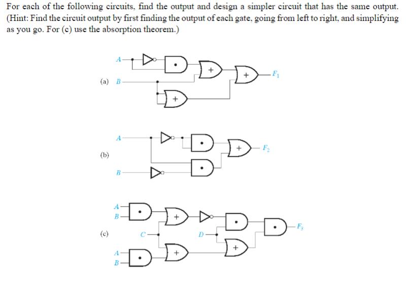 For each of the following circuits, find the output and design a simpler circuit that has the same output.