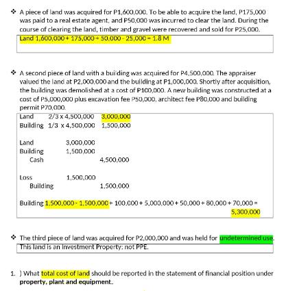 * A piece of land was acquired for P1,600,000. To be able to acquire the land, P175,000 was paid to a real