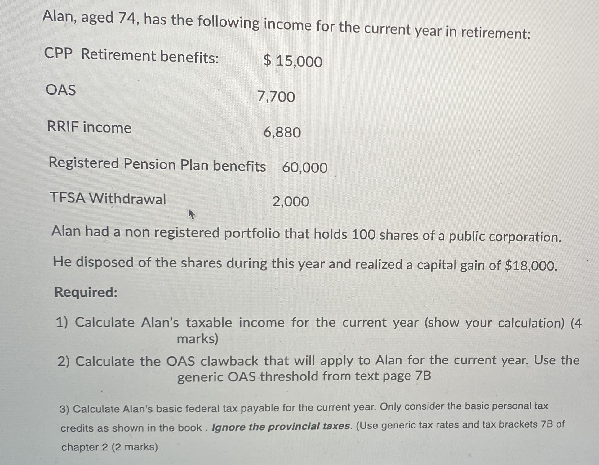 Alan, aged 74, has the following income for the current year in retirement: CPP Retirement benefits: $ 15,000