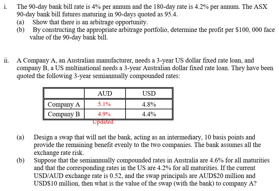 i. The 90-day bank bill rate is 4% per annum and the 180-day rate is 4.2% per annum. The ASX 90-day bank bill