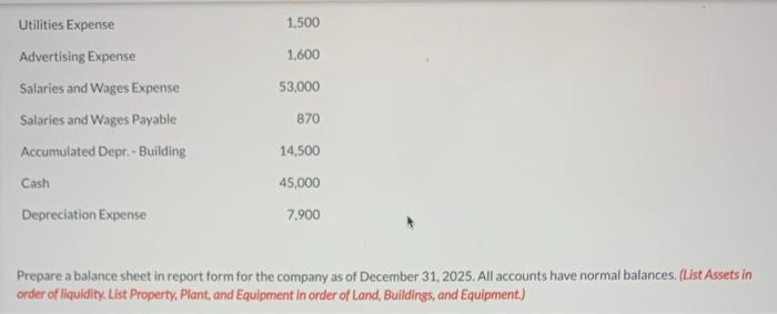 Prepare a balance sheet in report form for the company as of December 31, 2025. All accounts have normal balances. (List Asse