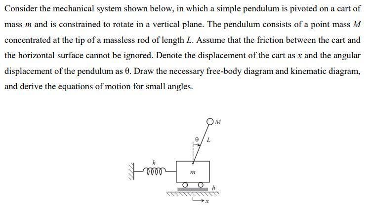 Consider the mechanical system shown below, in which a simple pendulum is pivoted on a cart of mass m and is