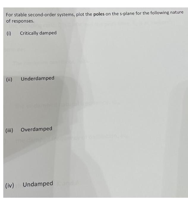 For stable second-order systems, plot the poles on the s-plane for the following nature of responses. (i)