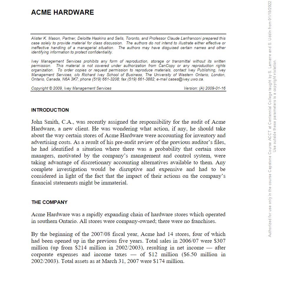 ACME HARDWAREAlister K. Mason, Partner, Deloitte Haskins and Sells, Toronto, and Professor Claude Lanfranconi prepared this