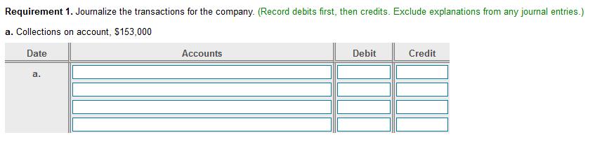 Requirement 1. Journalize the transactions for the company. (Record debits first, then credits. Exclude