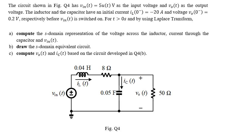 The circuit shown in Fig. Q4 has vin (t) = 5u(t) V as the input voltage and vo(t) as the output voltage. The