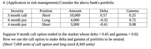 4. (Application in risk management) Consider the above bank's portfolio Position Amount Security 3 month call