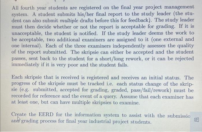 All fourth year students are registered on the final year project management system. A student submits