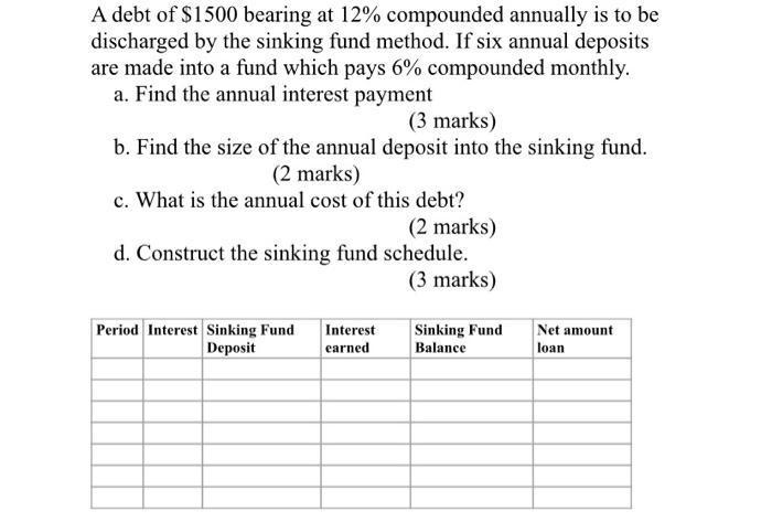 A debt of $1500 bearing at 12% compounded annually is to be discharged by the sinking fund method. If six