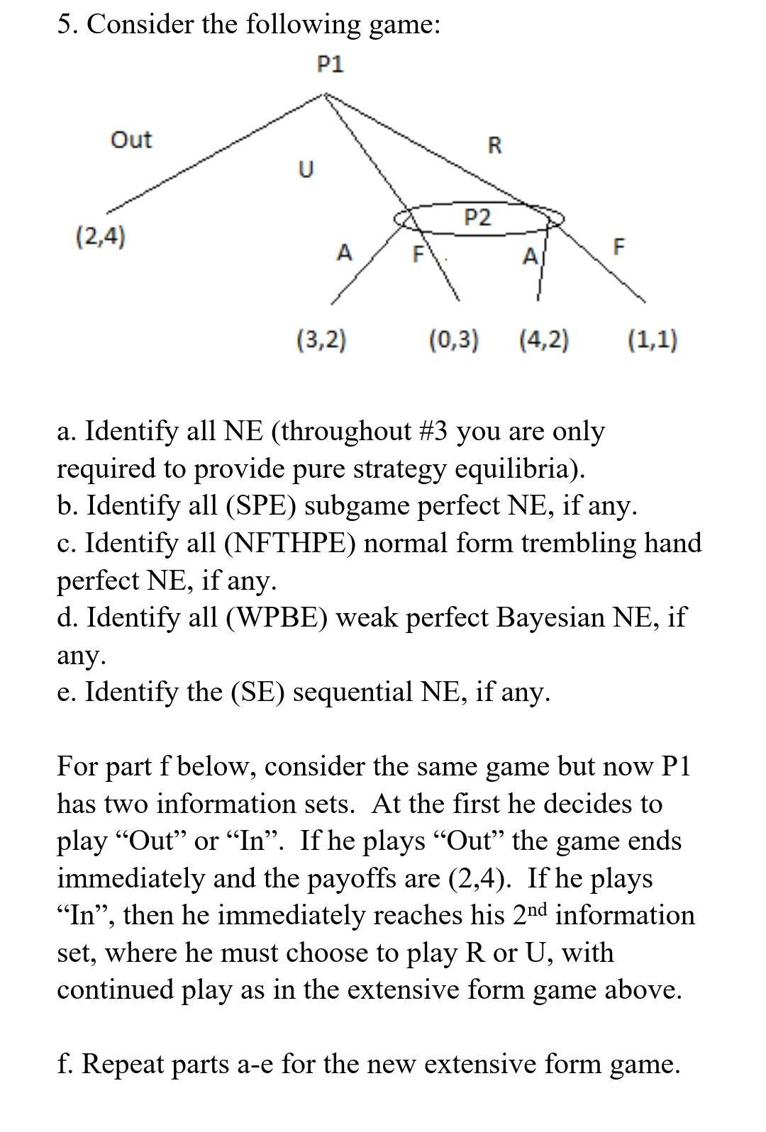 5. Consider the following game: a. Identify all NE (throughout \#3 you are only required to provide pure strategy equilibria)