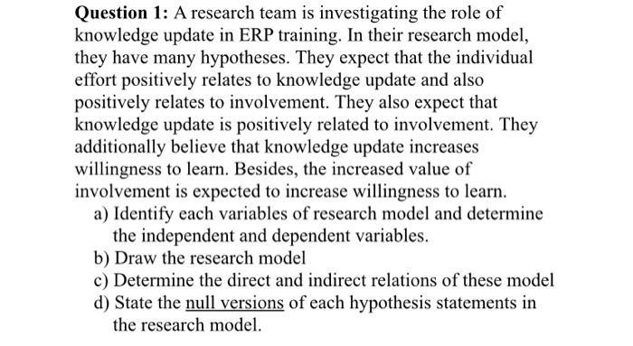 Question 1: A research team is investigating the role of knowledge update in ERP training. In their research model, they have