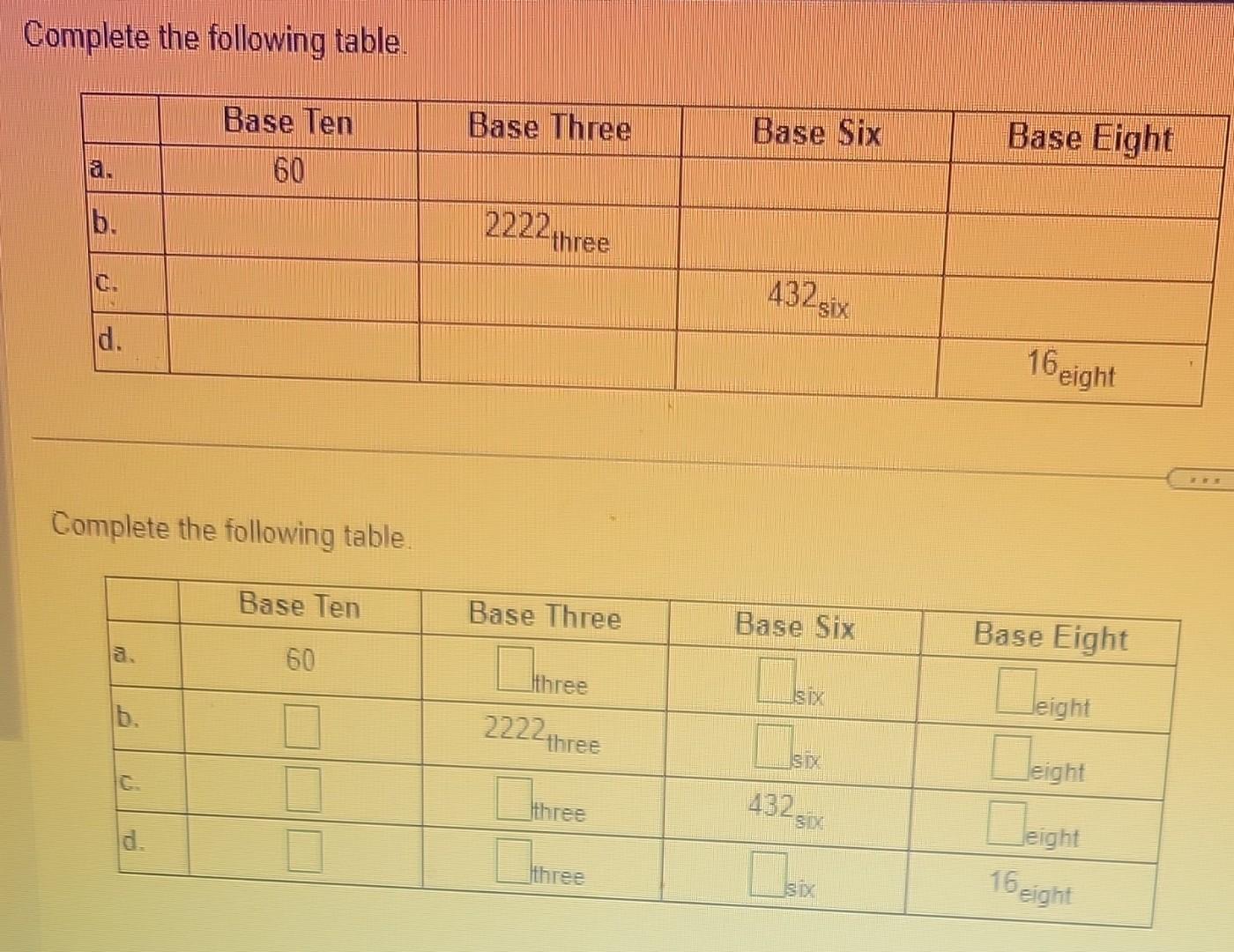 Complete the following table.Complete the following table