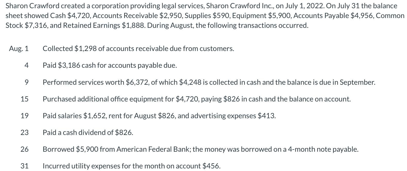 Sharon Crawford created a corporation providing legal services, Sharon Crawford Inc., on July 1, 2022. On July 31 the balance